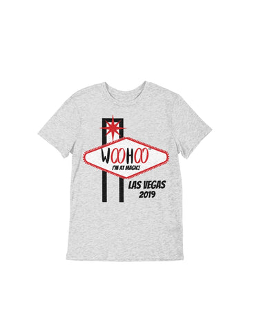 Heather Gray Unisex T-shirt featuring the Las Vegas sign with the text 'WooHoo is magic.' Designed by WooHoo Apparel.